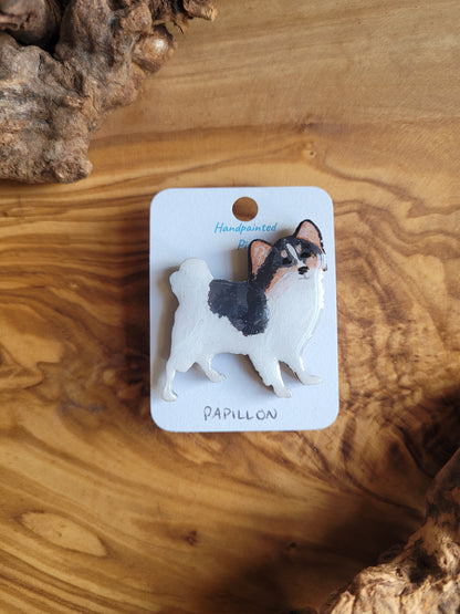 Hand-painted Papillon wooden dog pin badge, tri colour