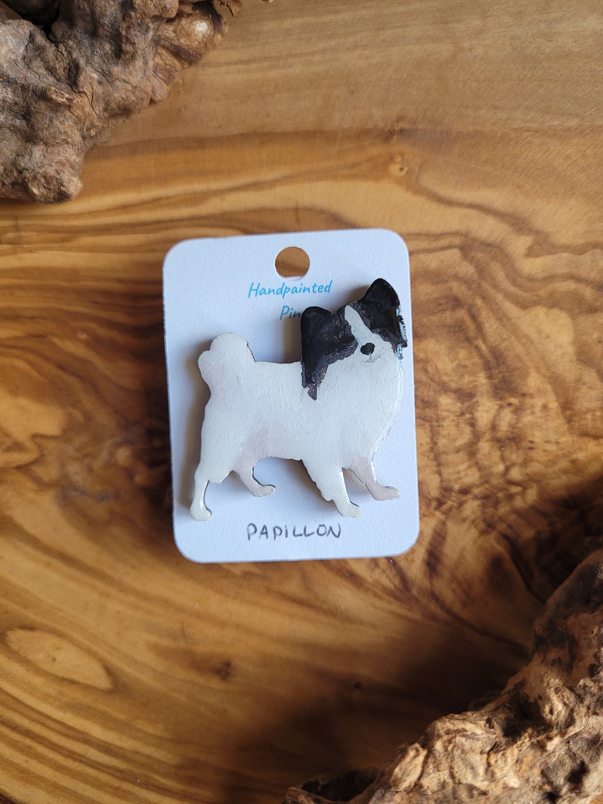 Hand-painted Papillon wooden dog pin badge, black and white