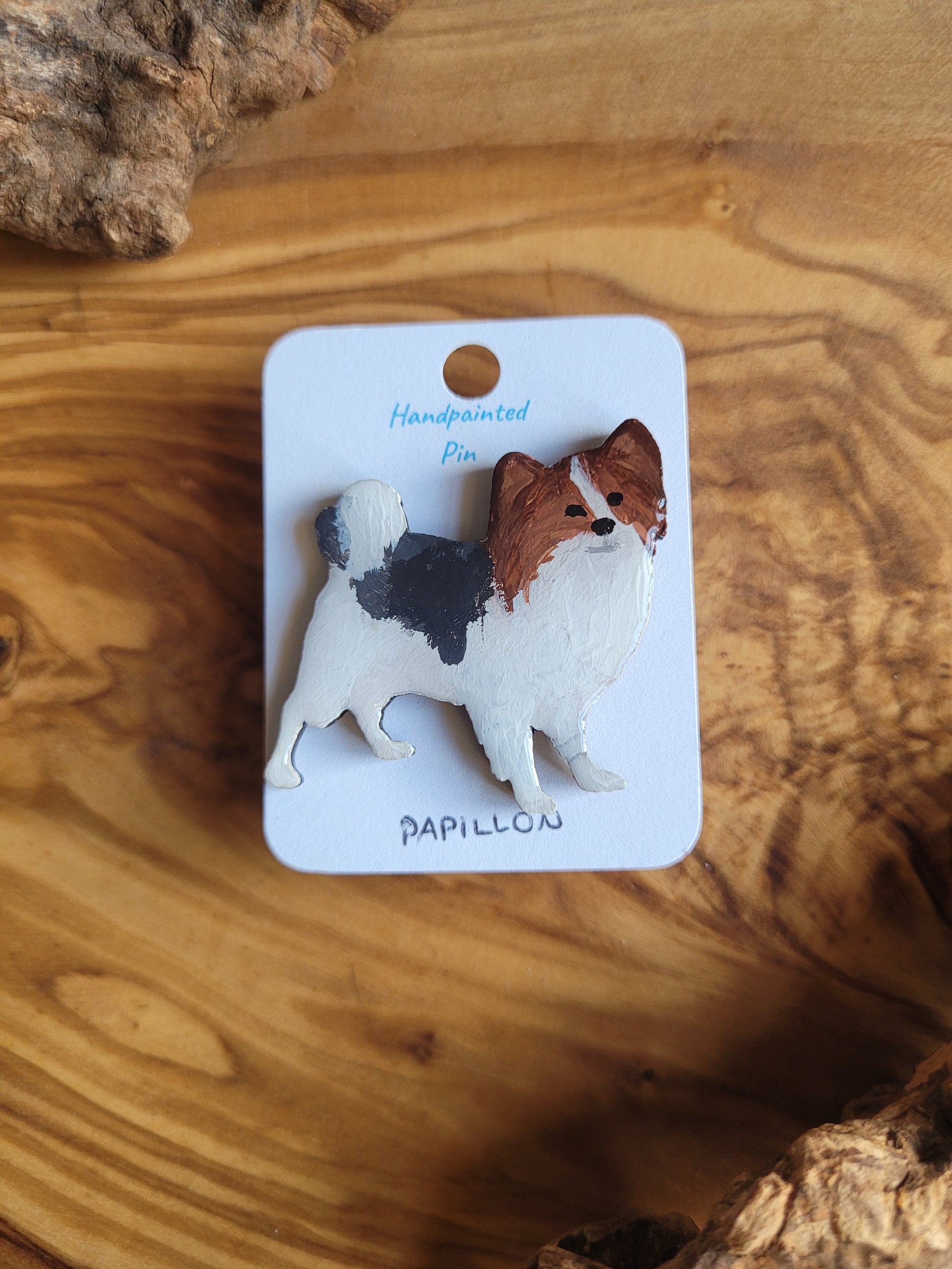 Hand-painted Papillon wooden dog pin badge, sable papillon