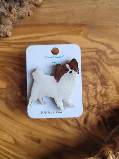 Hand-painted Papillon wooden dog pin badge, liver and white