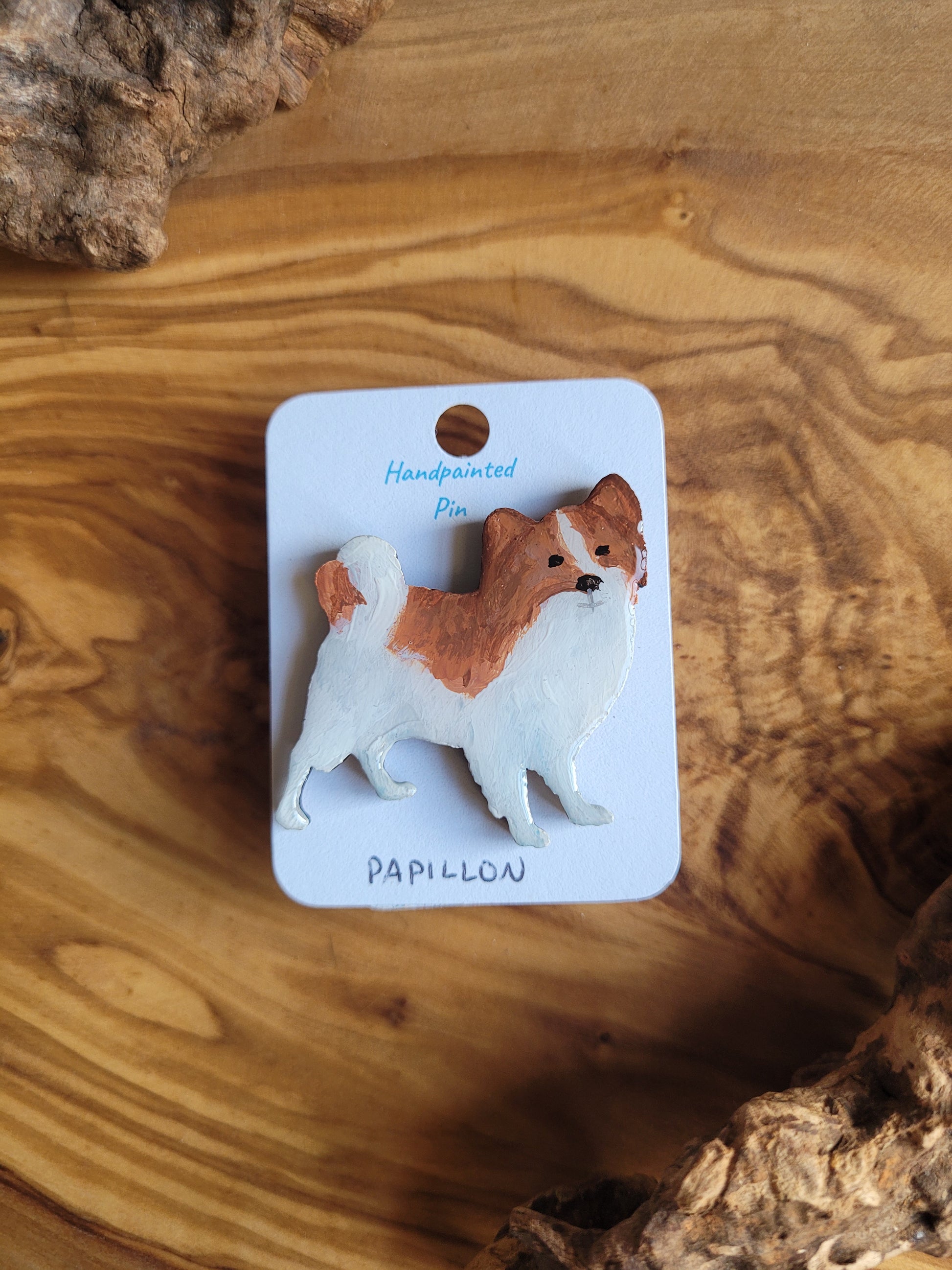 Hand-painted Papillon wooden dog pin badge, red and white