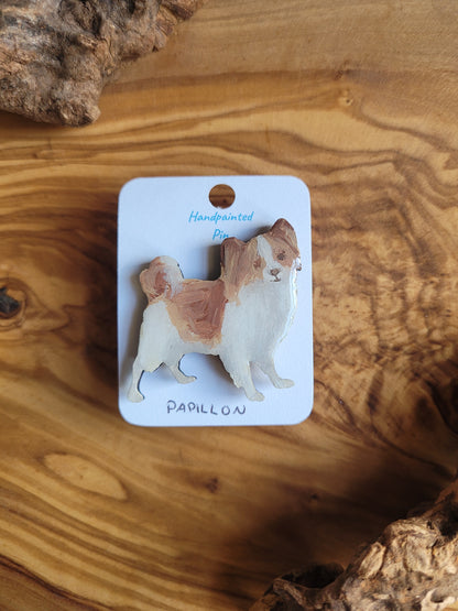 Hand-painted Papillon wooden dog pin badge, light red and white
