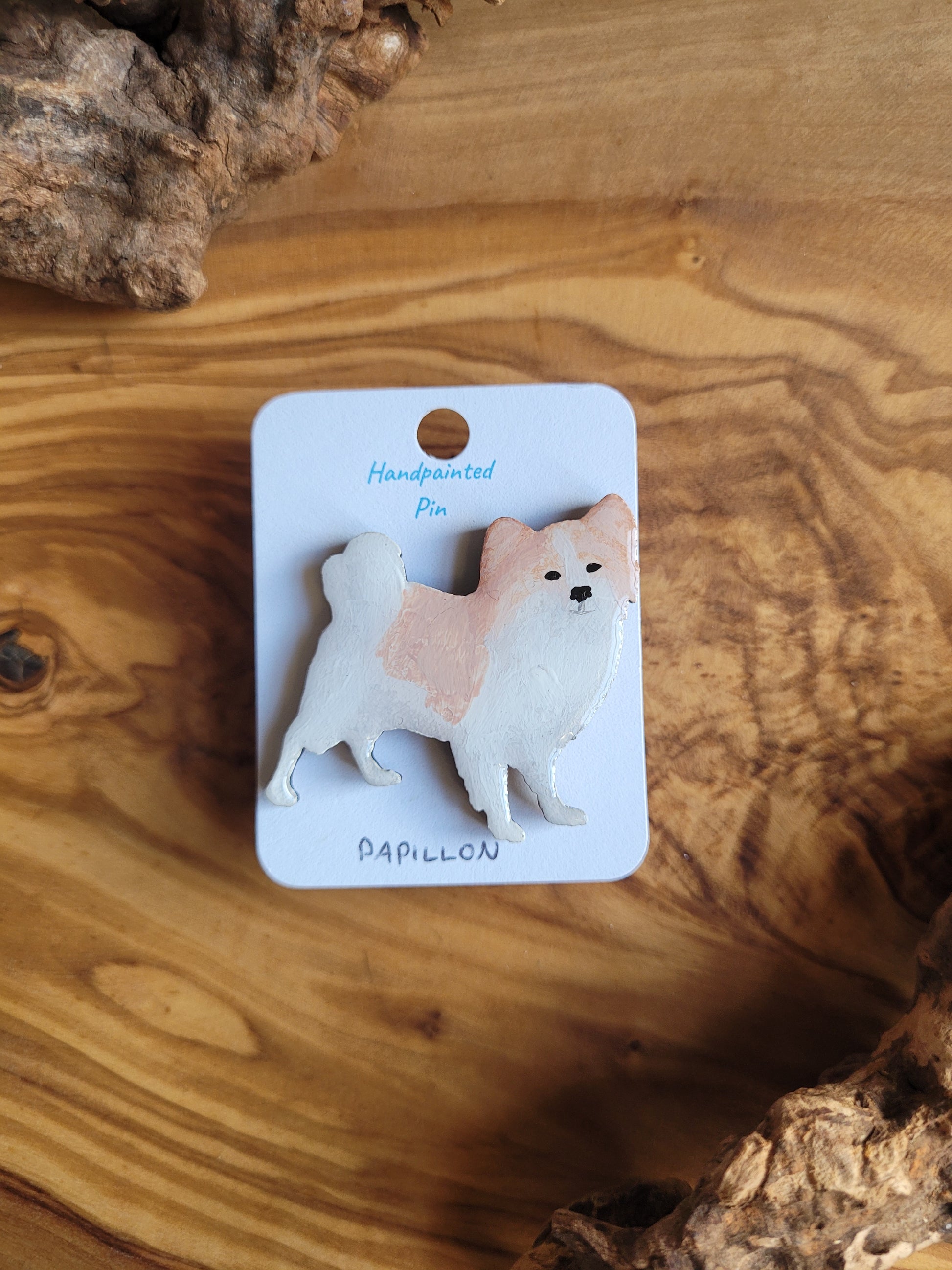 Hand-painted Papillon wooden dog pin badge, light fawn and white
