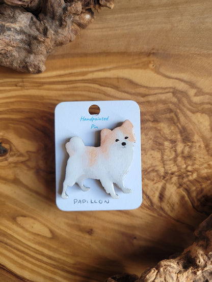 Hand-painted Papillon wooden dog pin badge, fawn and white