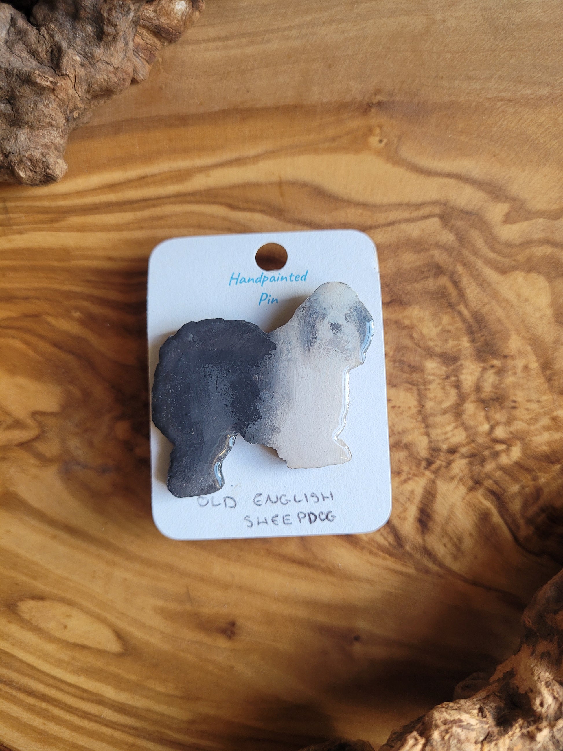 Hand-painted old english sheepdog wooden pin badge with greay ear patches
