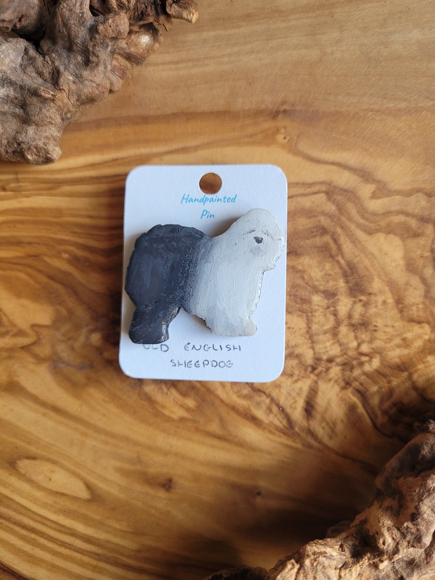 Hand-painted old english sheepdog wooden pin badge