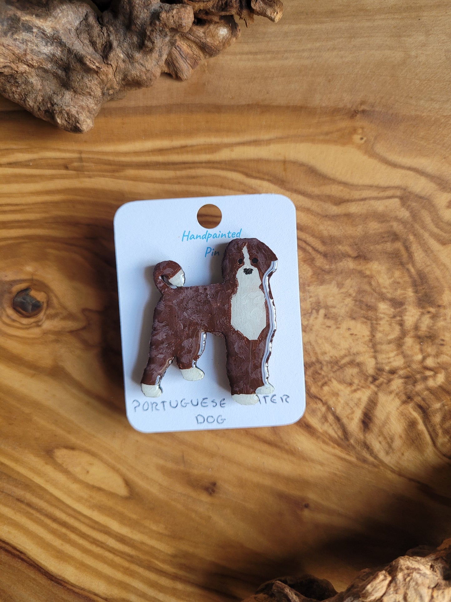 Hand-painted Portuguese Water Dog pin badge, painted onto wood. Chocolate and white colour.