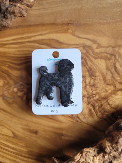 Hand-painted Portuguese Water Dog pin badge, painted onto wood. Black colour.