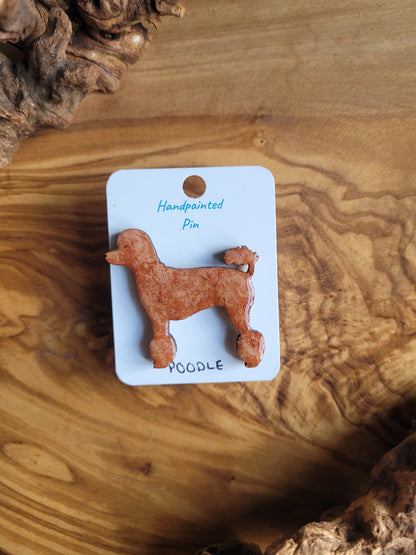 Apricot colour hand-painted wooden pin badge of a poodle dog