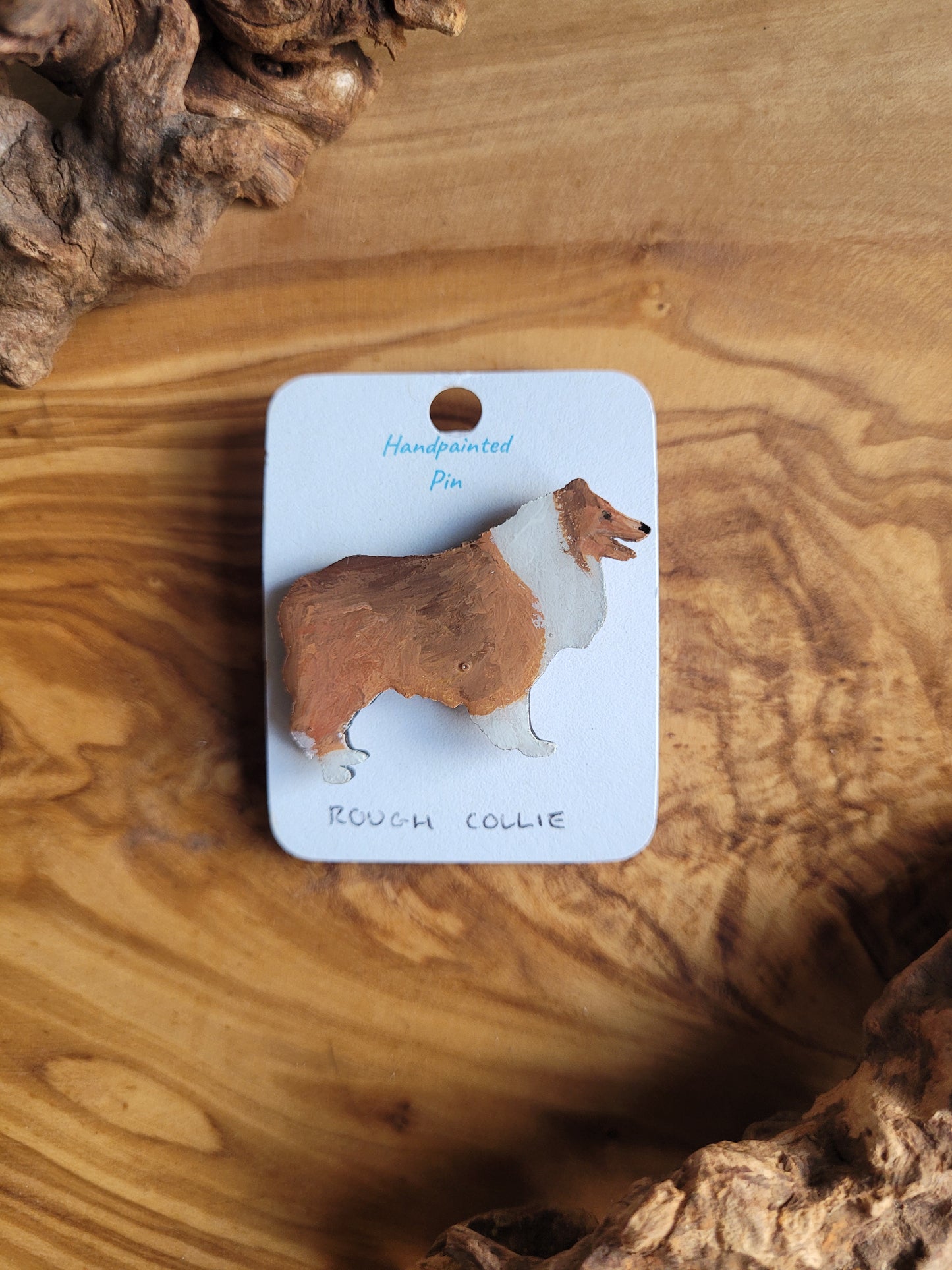 Classic sable coloured, hand-painted, wooden, Rough Collie dog pin badge, lassie dog