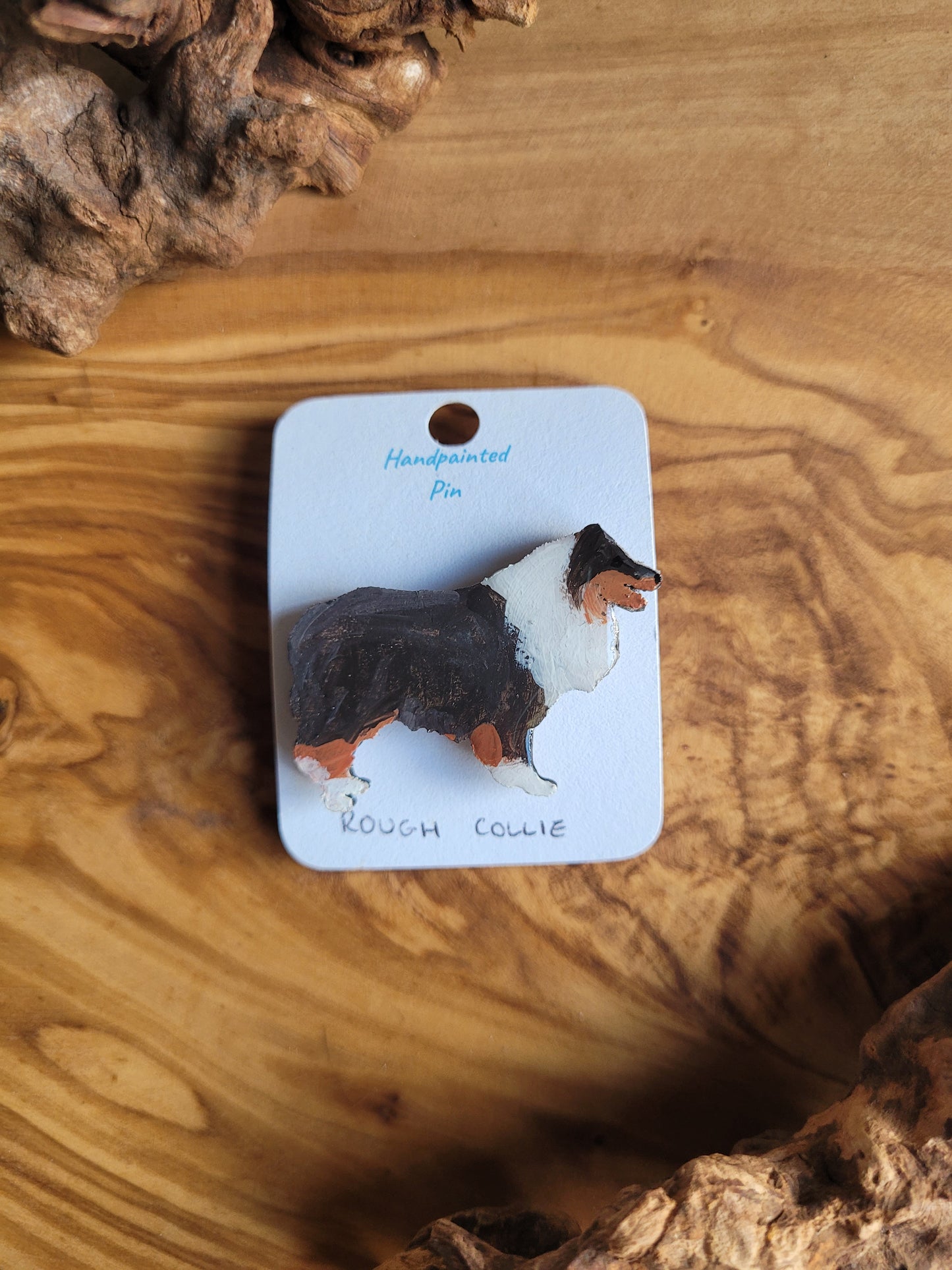 Classic tri coloured, hand-painted, wooden, Rough Collie dog pin badge