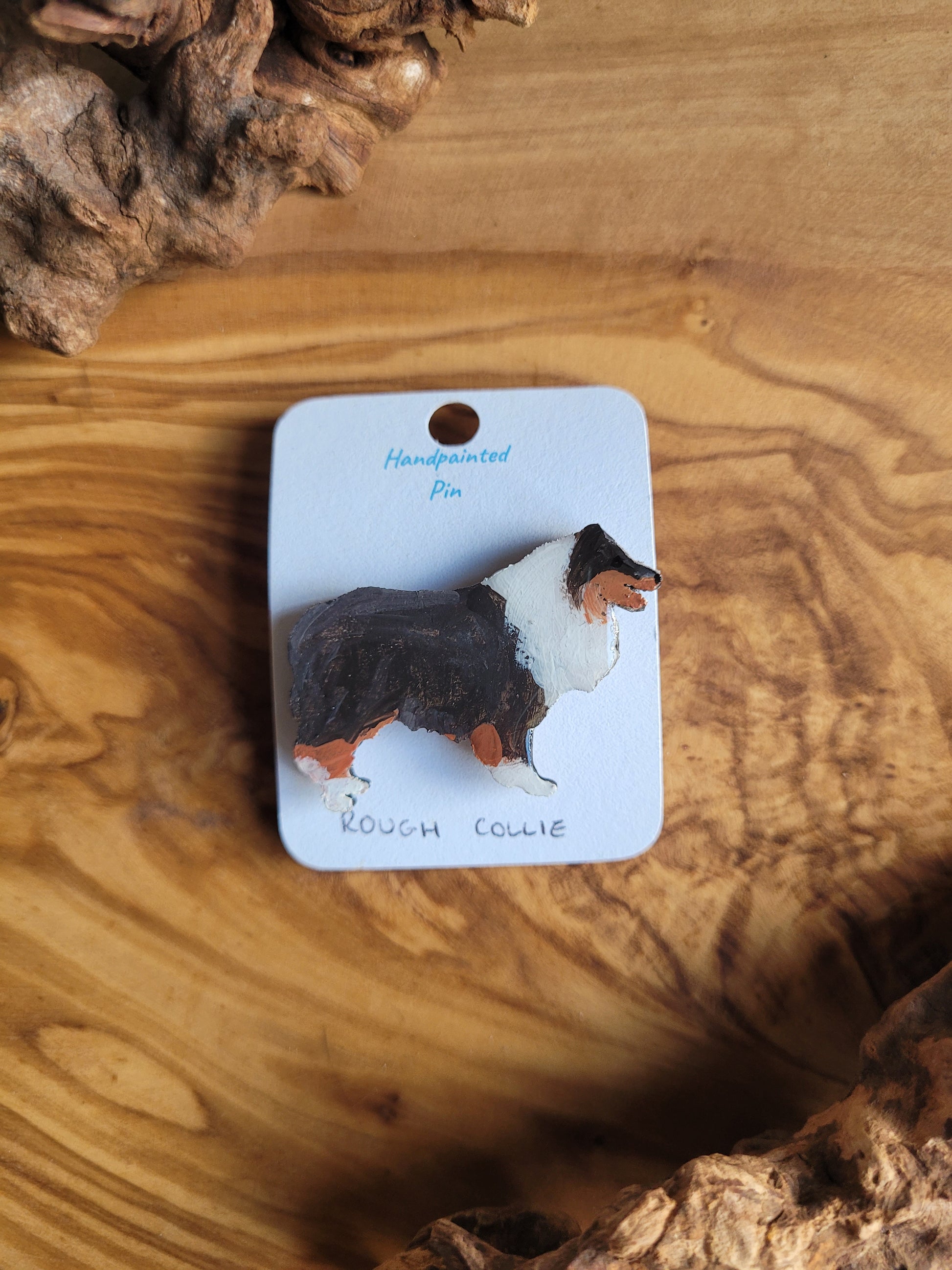 Classic tri coloured, hand-painted, wooden, Rough Collie dog pin badge