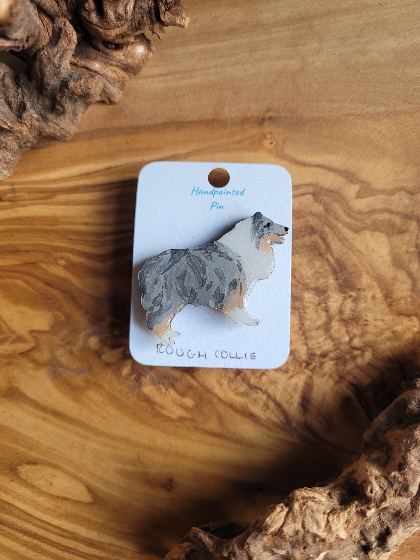 Tri Merle coloured, hand-painted, wooden, Rough Collie dog pin badge