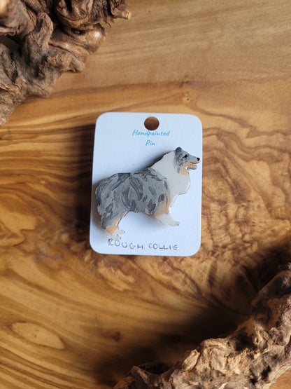 Tri Merle coloured, hand-painted, wooden, Rough Collie dog pin badge