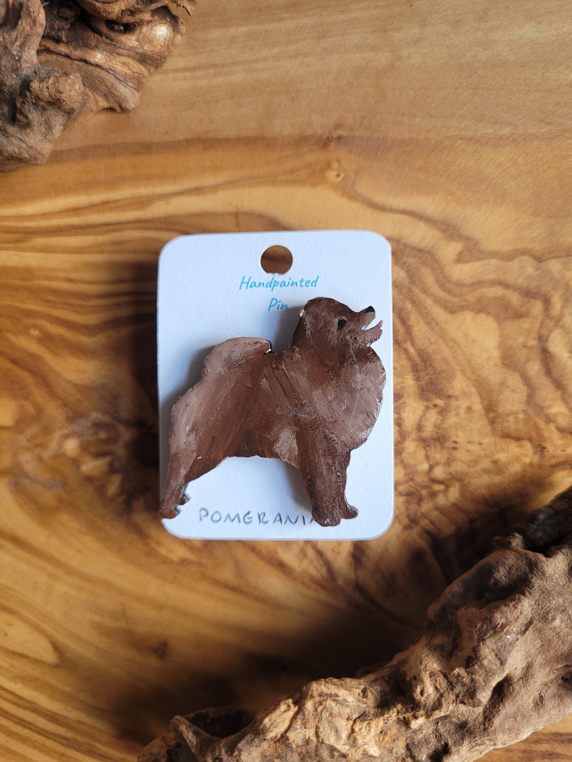 Chocolate coloured hand-painted Pomeranian wooden pin badge