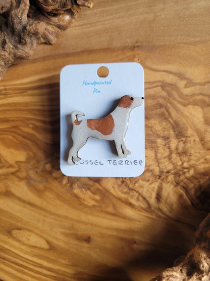White and tan patches, hand-painted wooden pin badge of a Russel Terrier dog