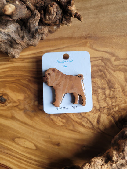 Hand-painted red Shar Pei wooden dog pin badge