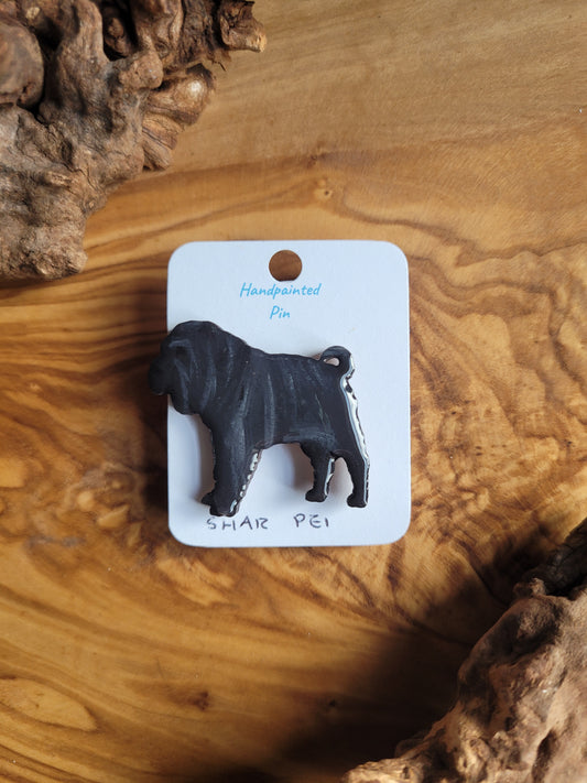 Hand-painted black Shar Pei wooden dog pin badge