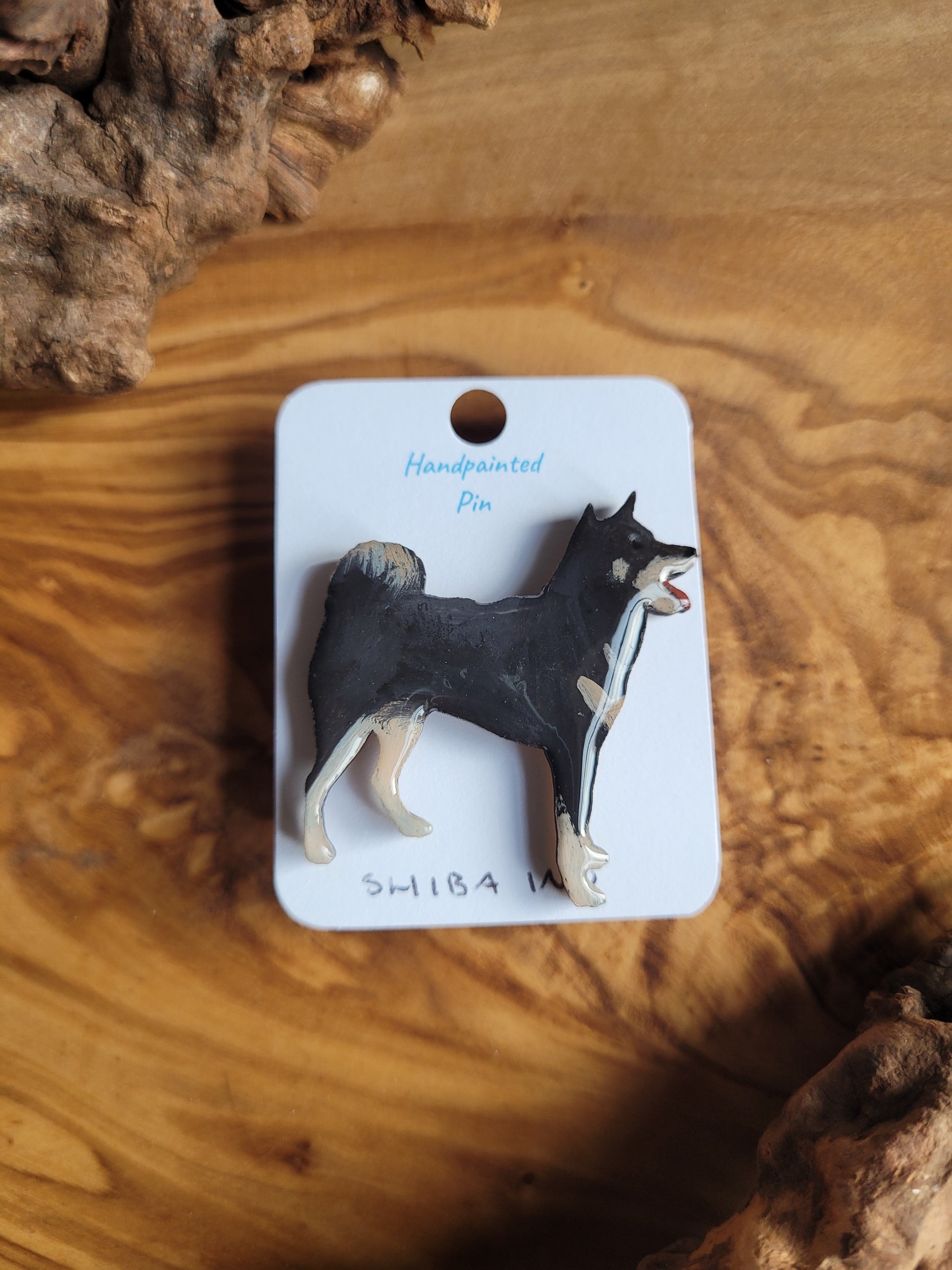 Classic black and tan Shiba Inu pin badge, hand-painted wooden pin