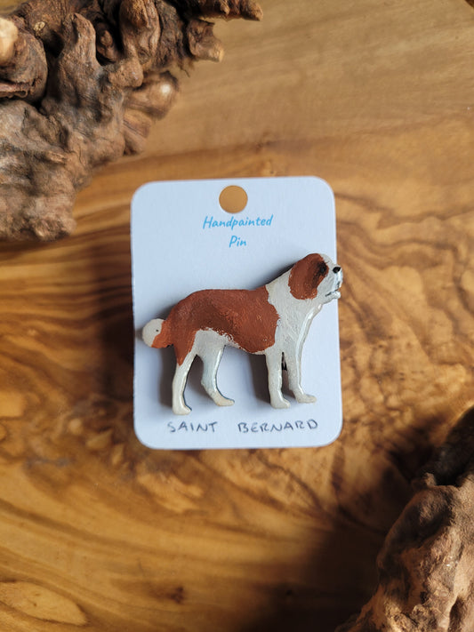 Hand-painted dog pin badge of the iconic Saint Bernard (beethoven/rescue dog) red and white saddle