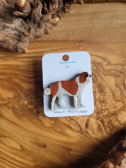 Hand-painted dog pin badge of the iconic Saint Bernard (beethoven/rescue dog) Red and white patches