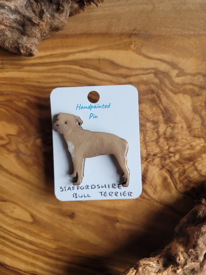 Hand-painted staffordshire bull terrier dog pin badge, painted onto wood. Fawn with a white patch on chest colour