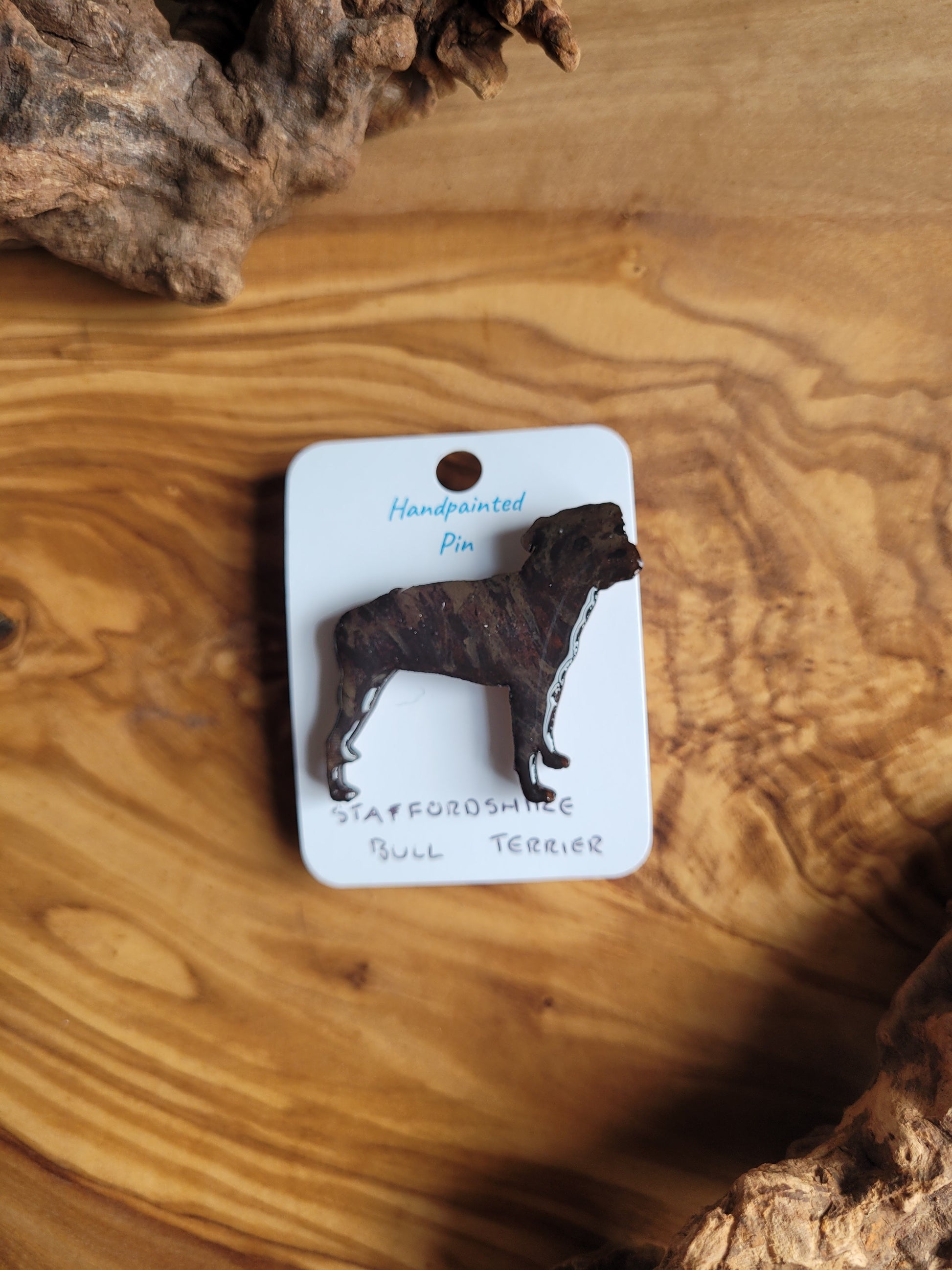 Hand-painted staffordshire bull terrier dog pin badge, painted onto wood. Brindle colour