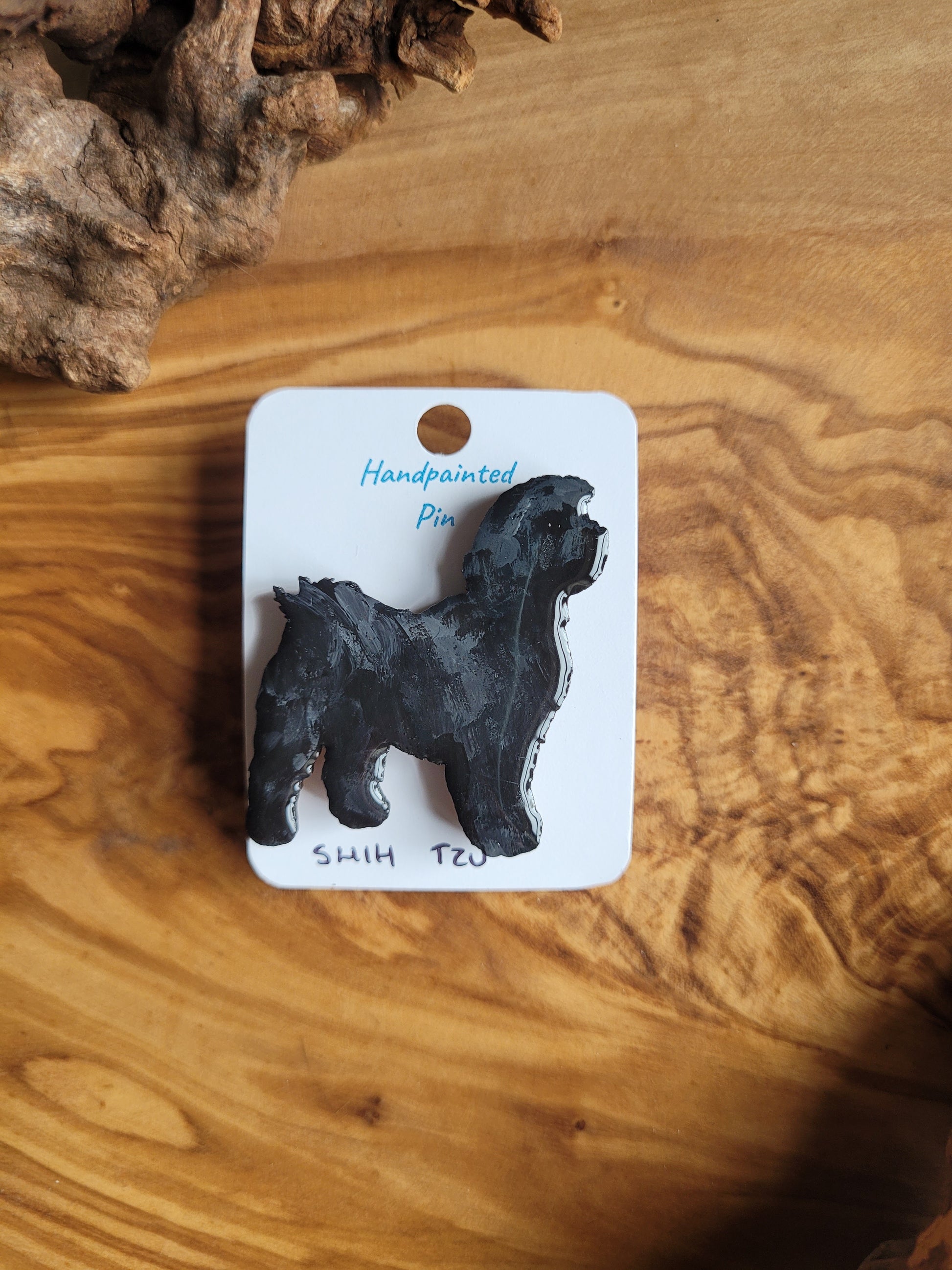 Black, Hand-painted, wooden Shih Tzu dog pin badge