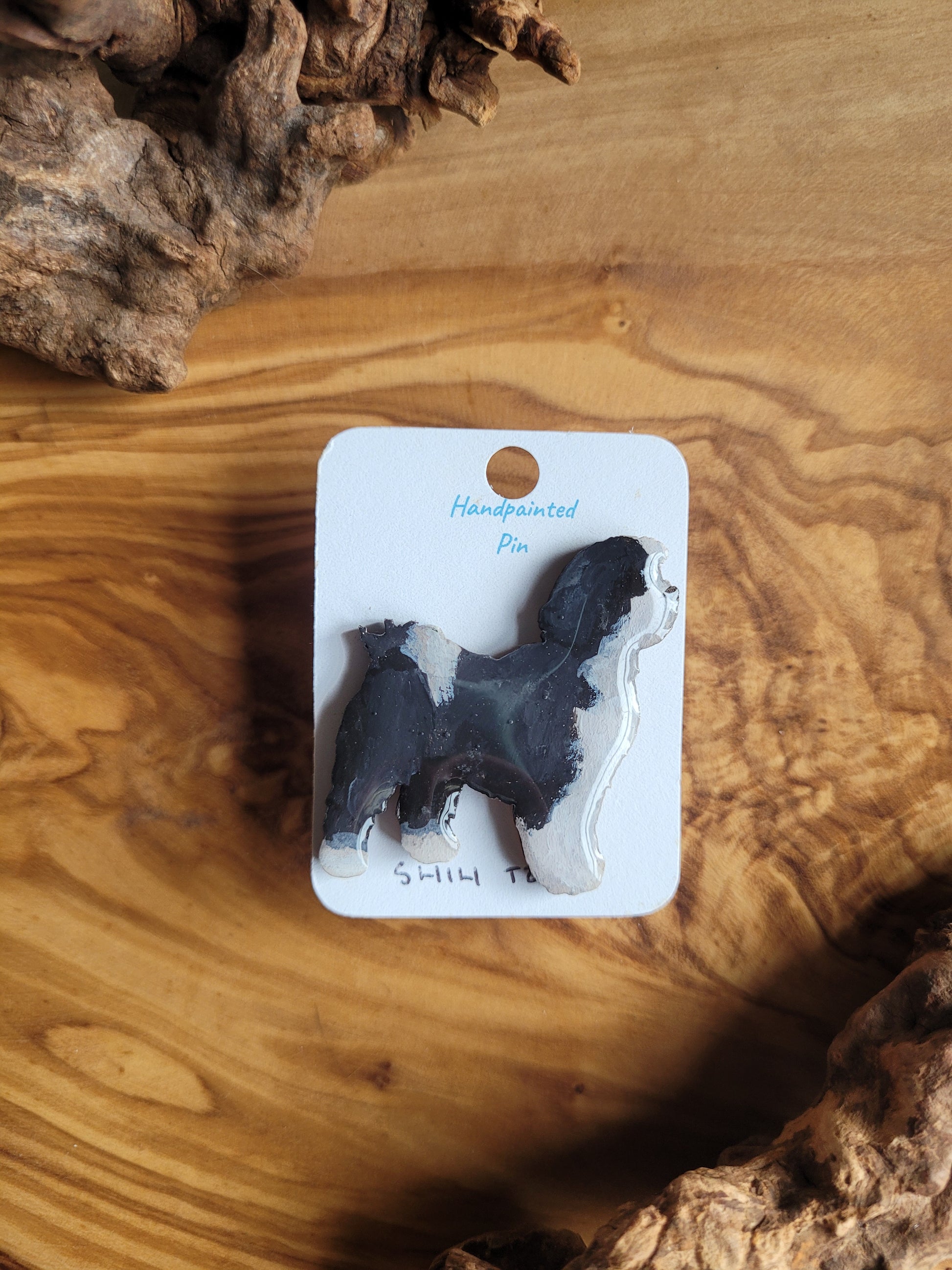 Black and white, Hand-painted, wooden Shih Tzu dog pin badge