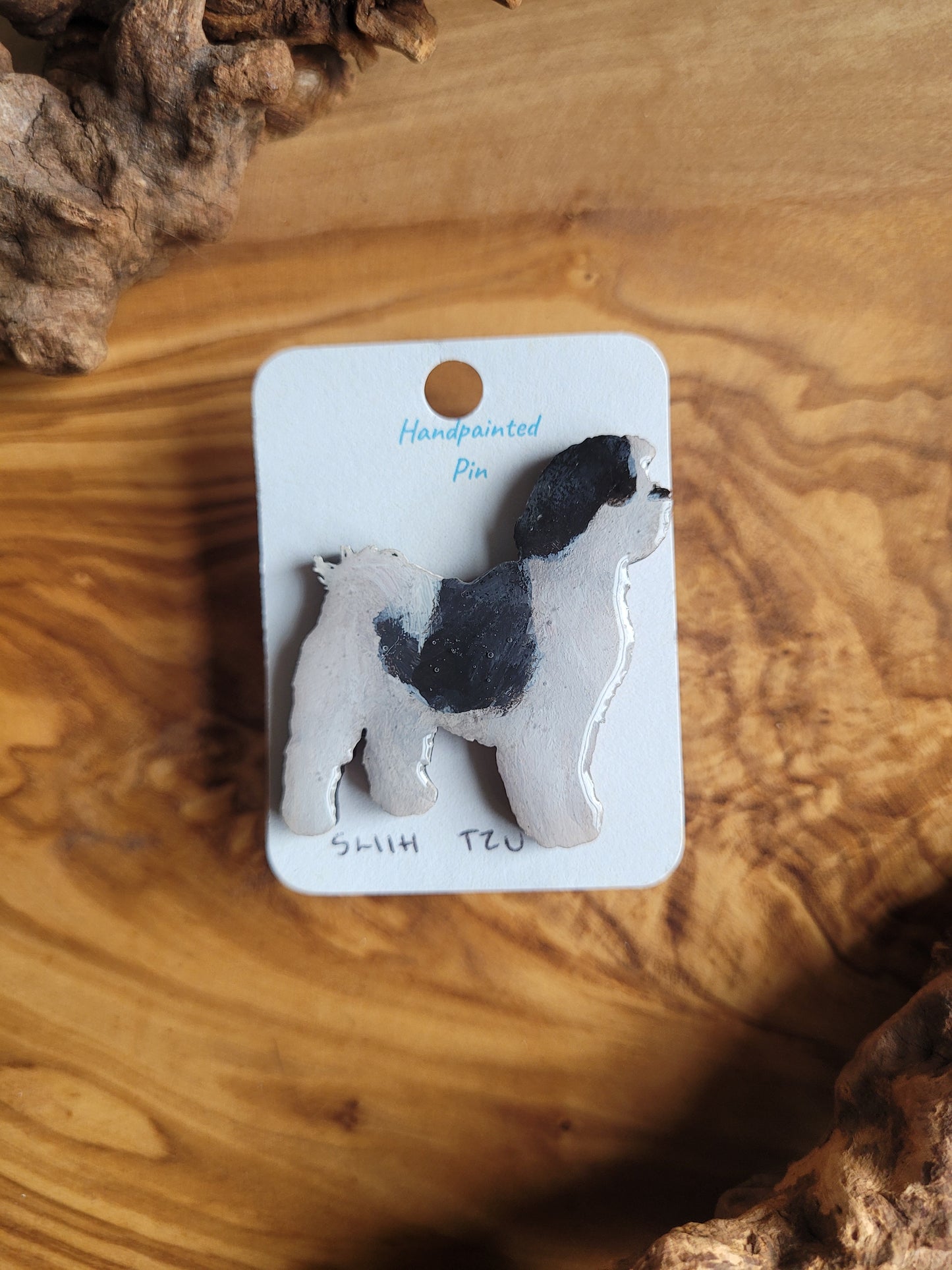 White with black patches, Hand-painted, wooden Shih Tzu dog pin badge