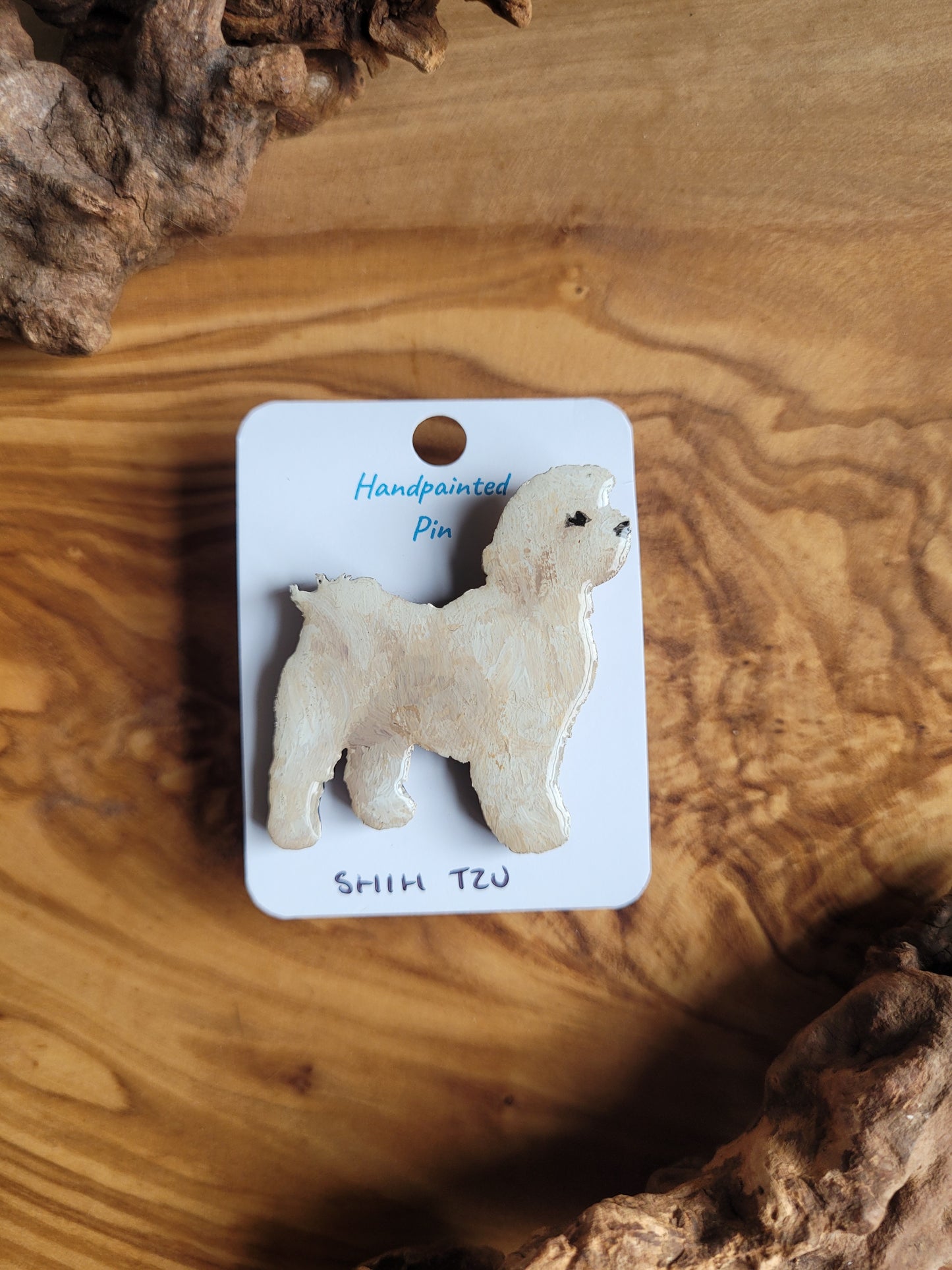 Gold and white mix, Hand-painted, wooden Shih Tzu dog pin badge