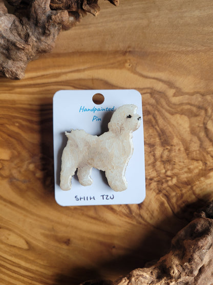 Gold and white mix, Hand-painted, wooden Shih Tzu dog pin badge