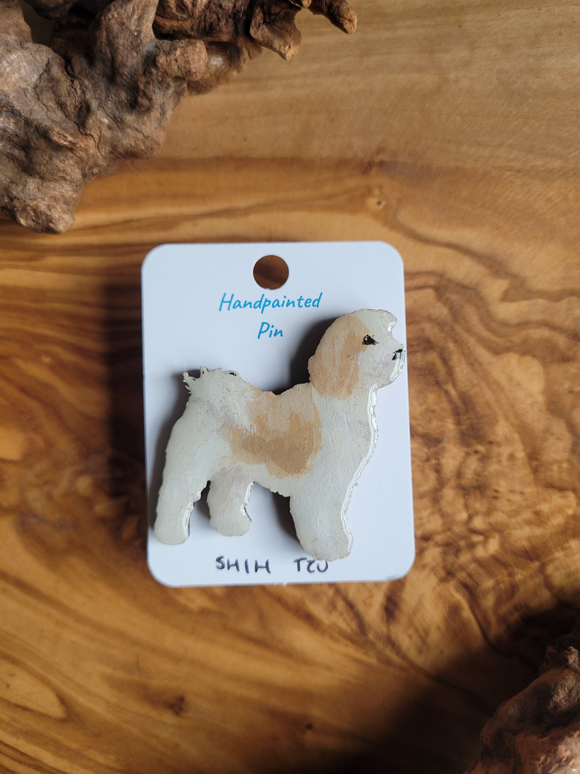 White with gold patches, Hand-painted, wooden Shih Tzu dog pin badge