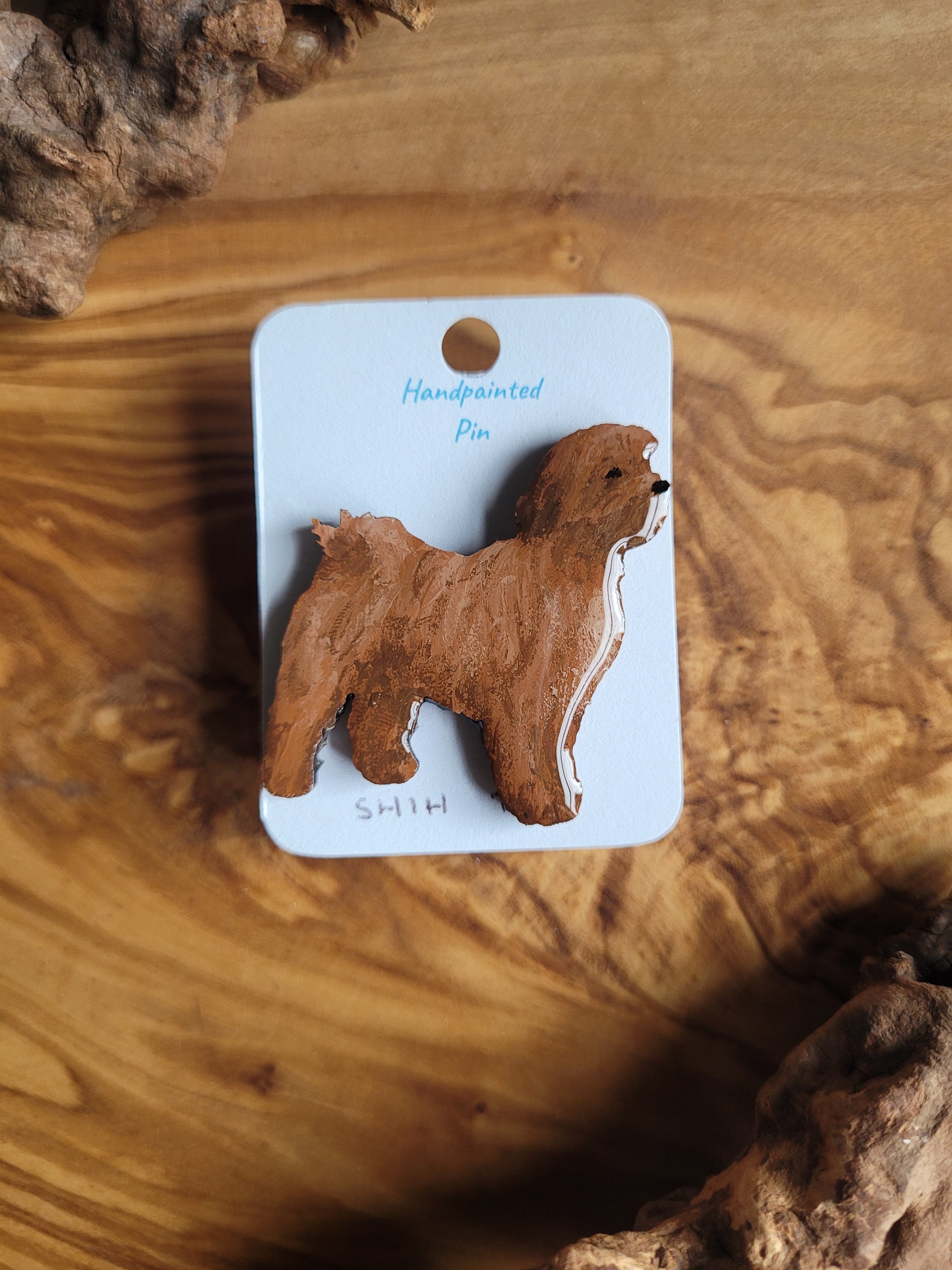 Red, Hand-painted, wooden Shih Tzu dog pin badge
