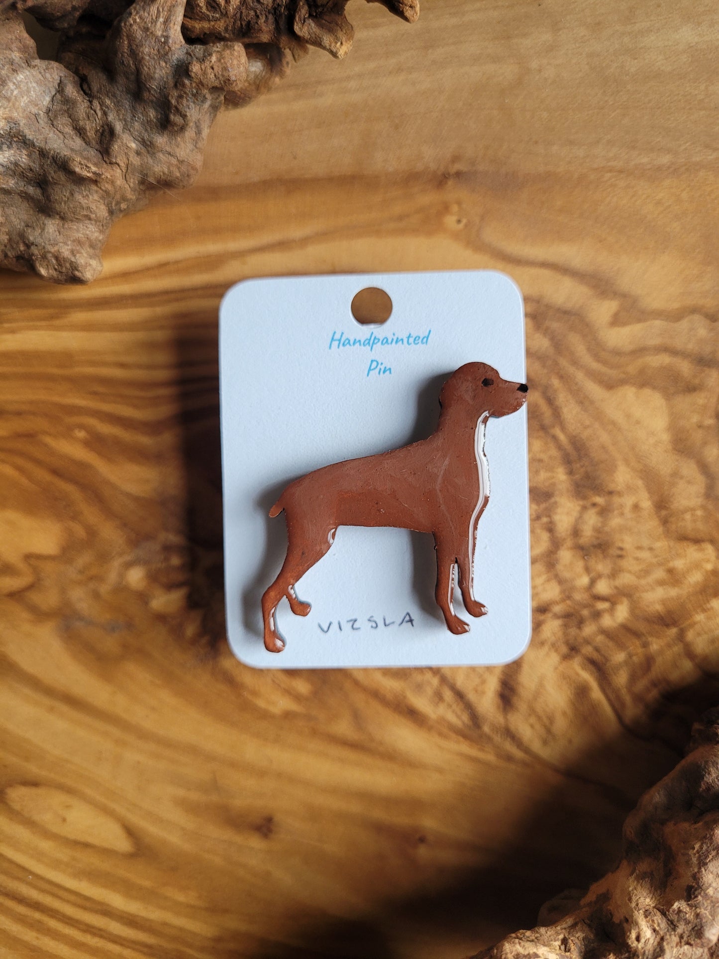 Hand-painted wooden red vizsla dog pin badge