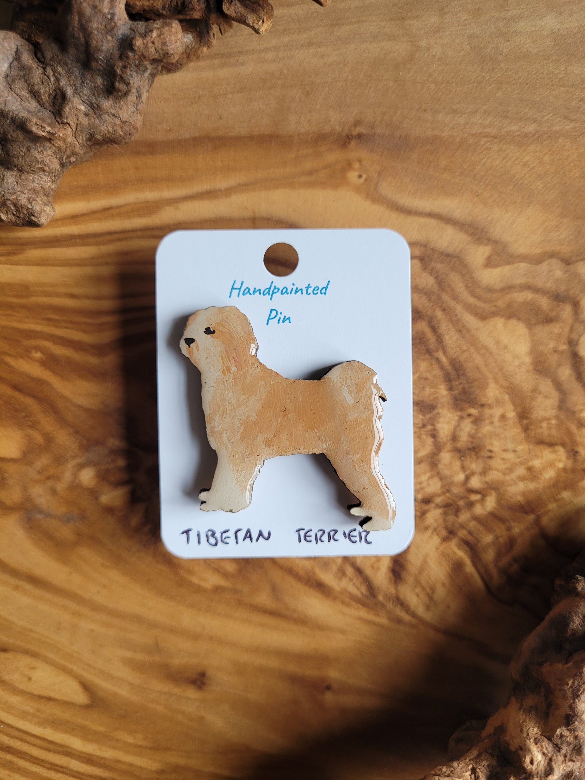 Hand-painted Tibetan terrier wooden dog pin badge. golden coloured terrier