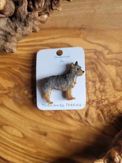 Black and tan coloured wooden dog pin badge of the Yorkshire Terrier