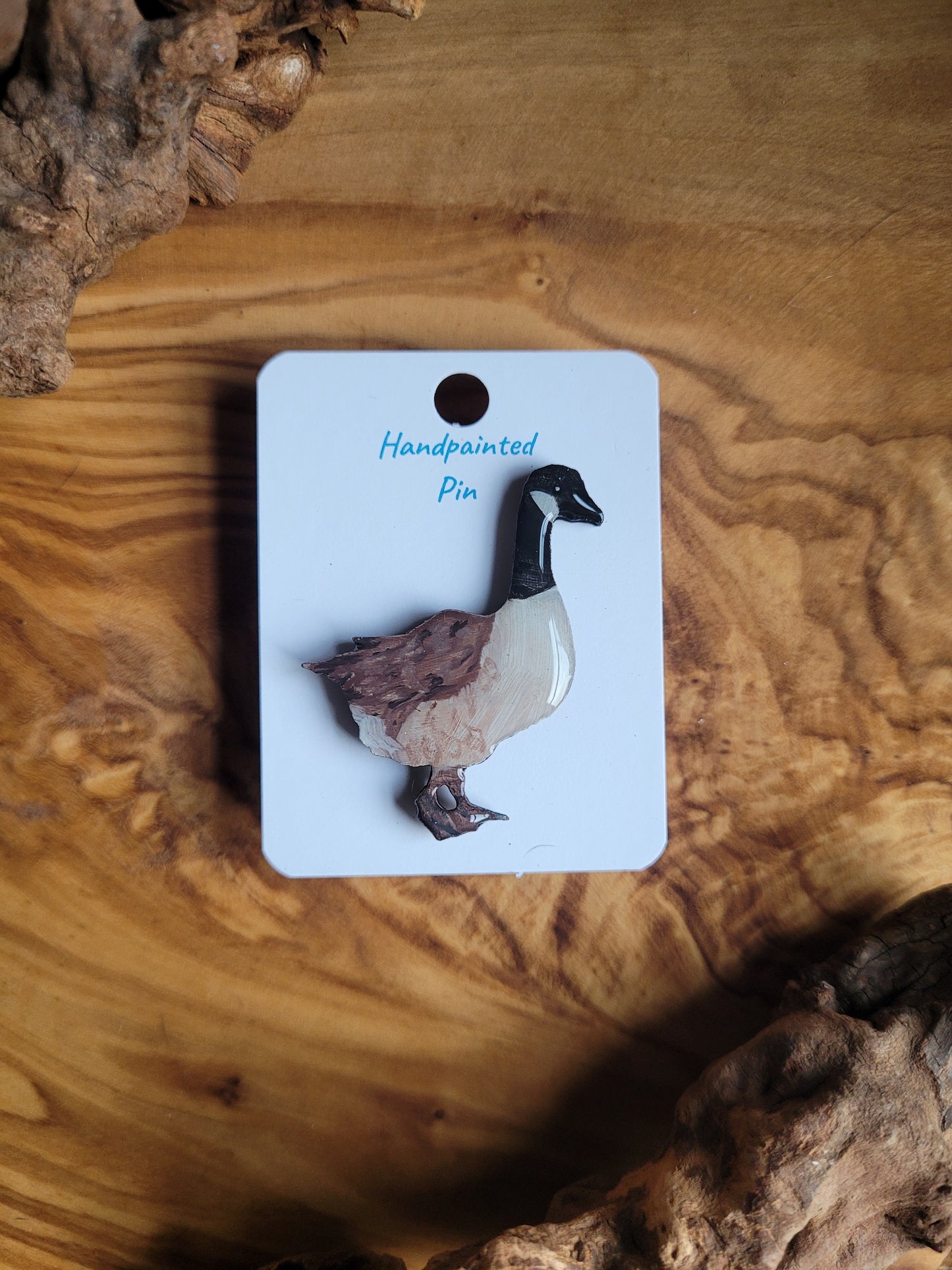 Hand-painted wooden canadian goose shaped pin badge