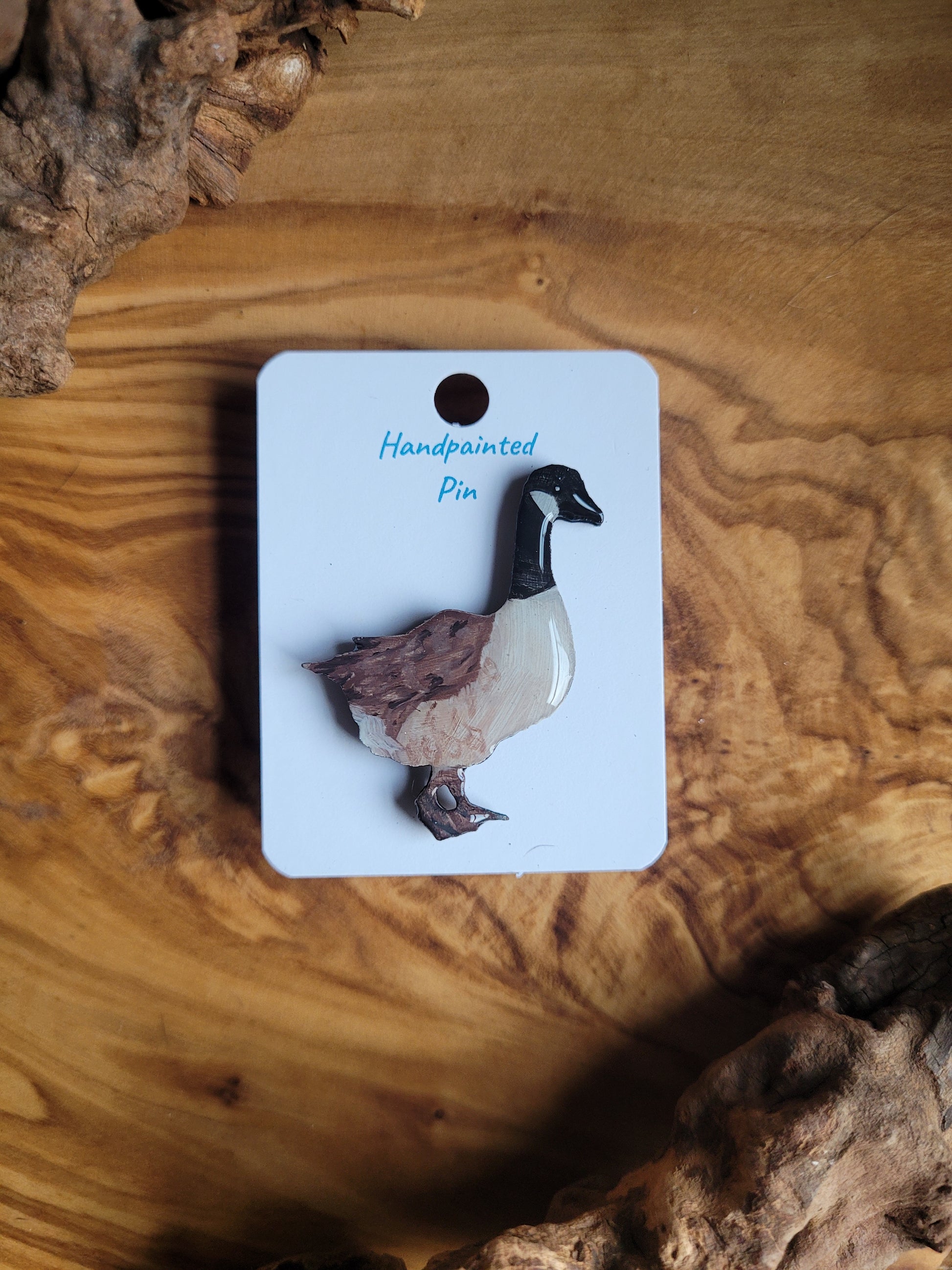 Hand-painted wooden canadian goose shaped pin badge