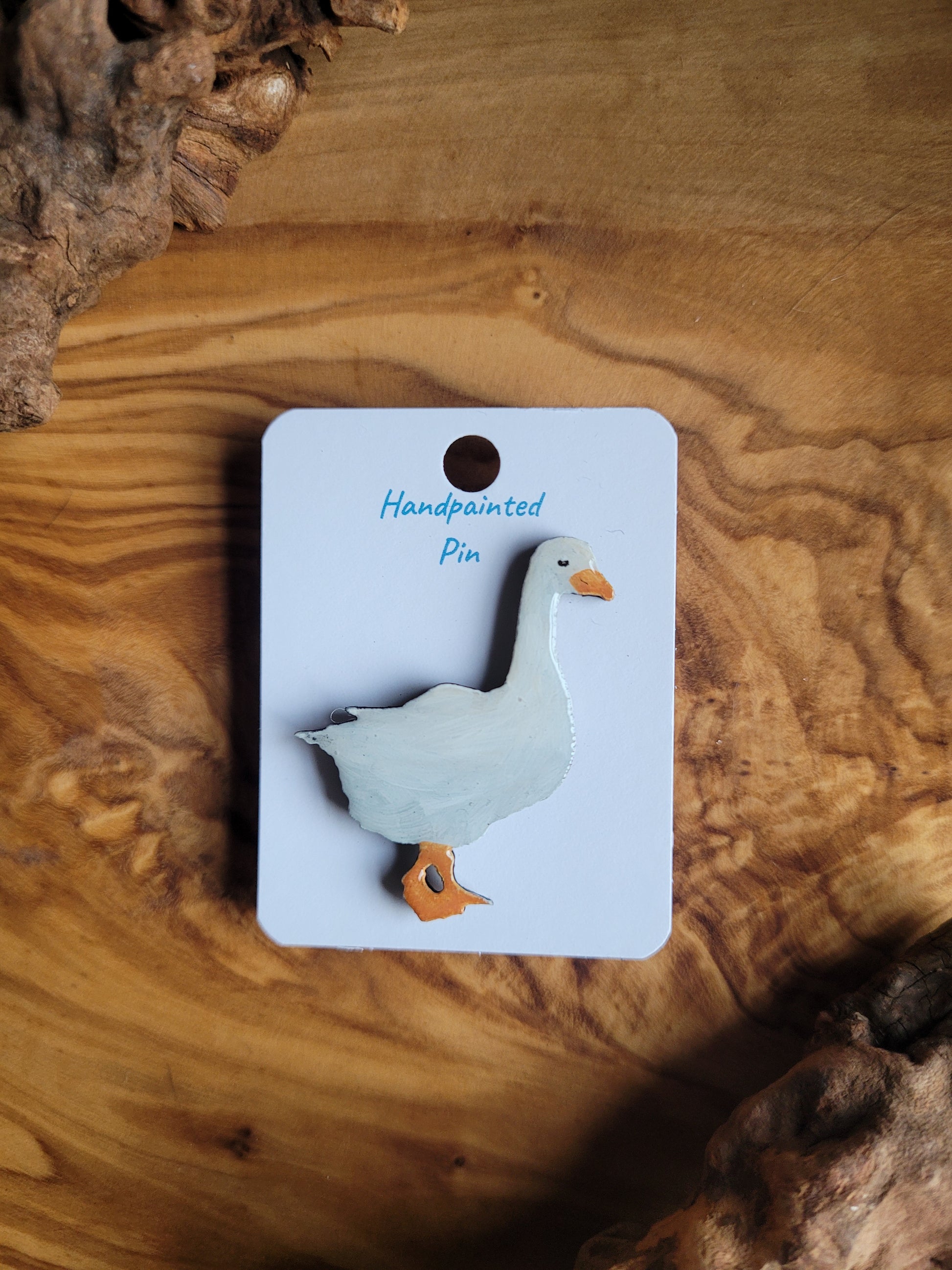 Hand-painted wooden greater white fronted goose pin badge