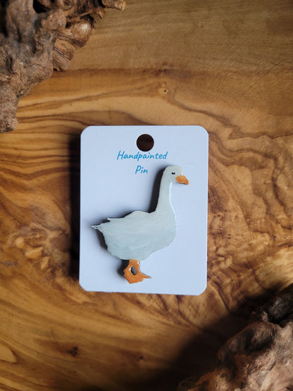 Hand-painted wooden greater white fronted goose pin badge