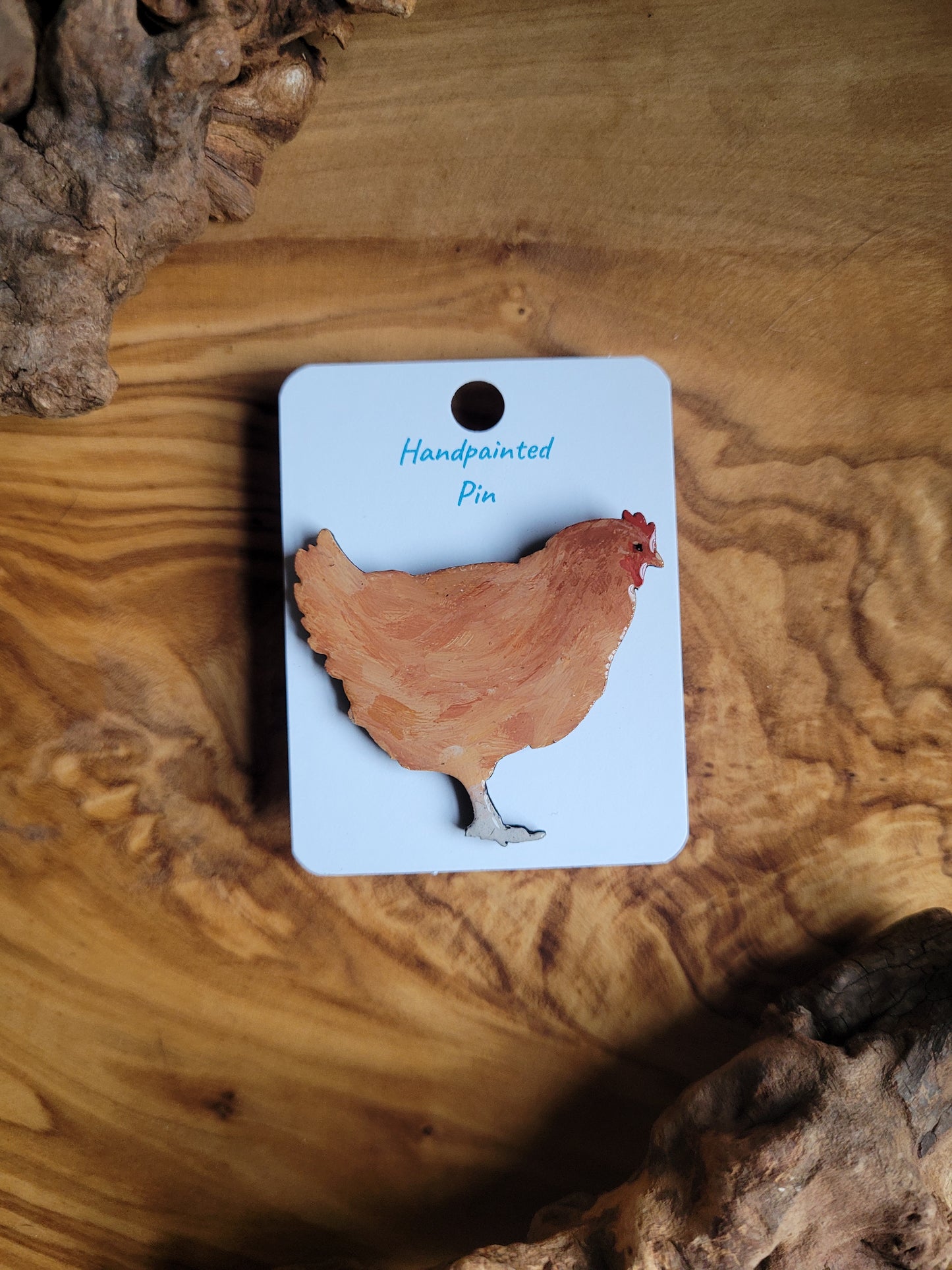 Hand-painted red chicken shaped wooden pin badge