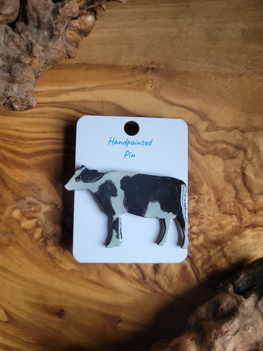 Hand-painted black and white friesian cow, wooden pin badge