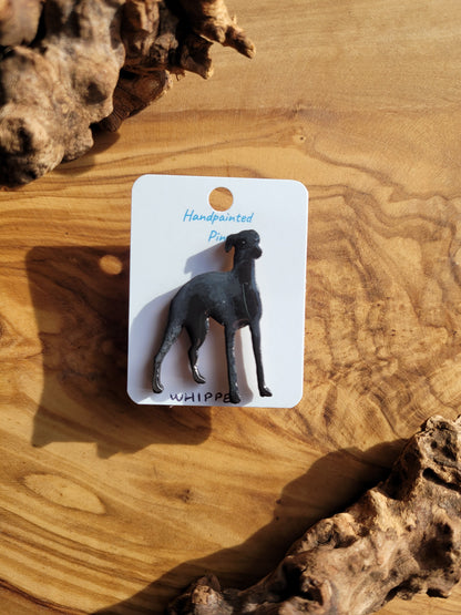 Hand-painted wooden dog pin badge of the Whippet hound. Black