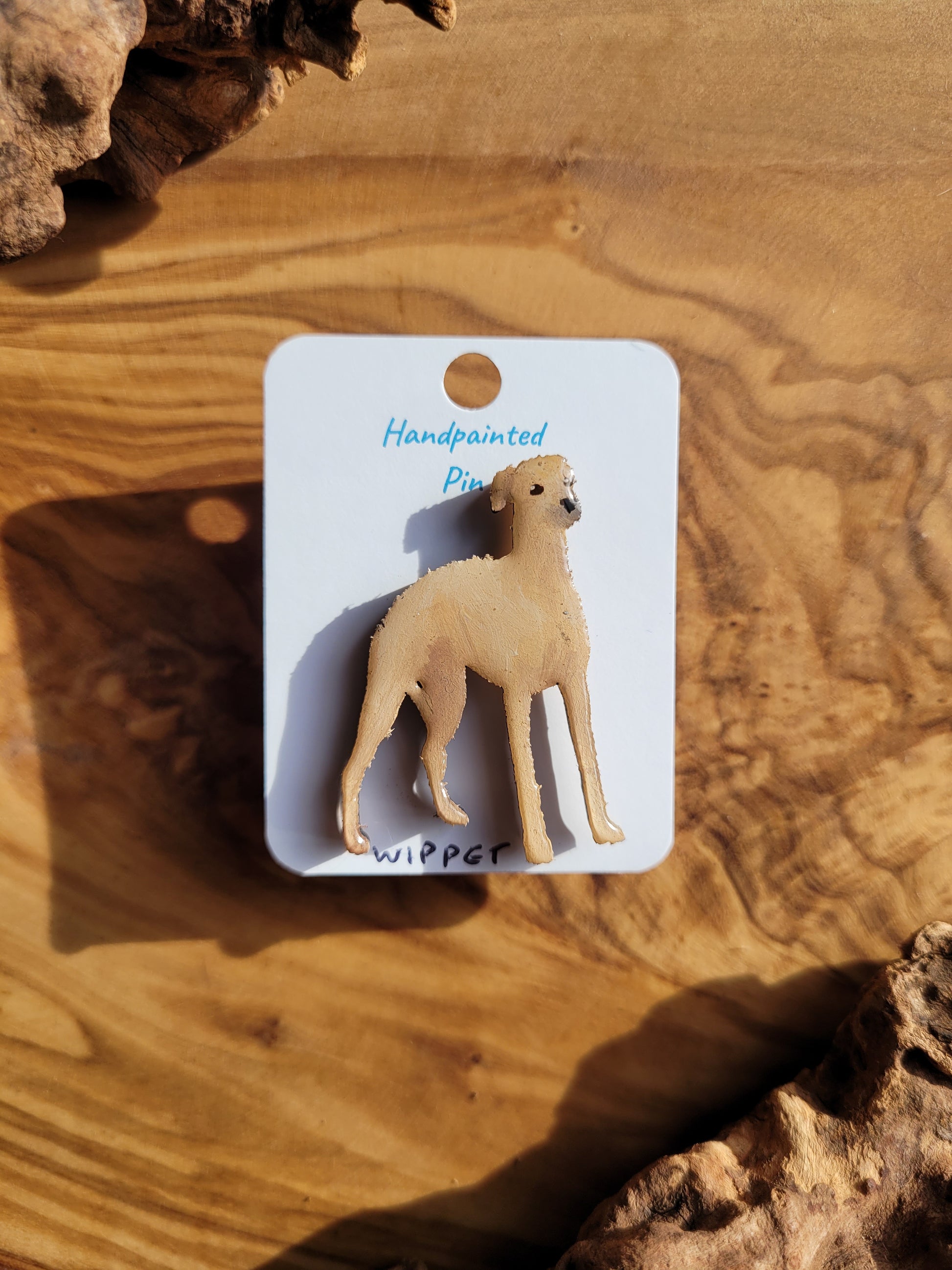 Hand-painted wooden dog pin badge of the Whippet hound. Fawn