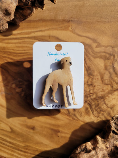 Hand-painted wooden dog pin badge of the Whippet hound. Fawn