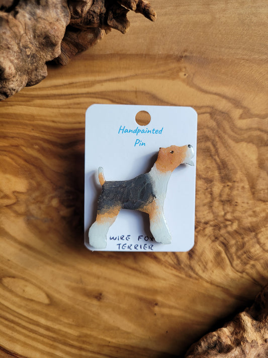 Hand-painted wooden tricolour wire fox terrier dog pin badge