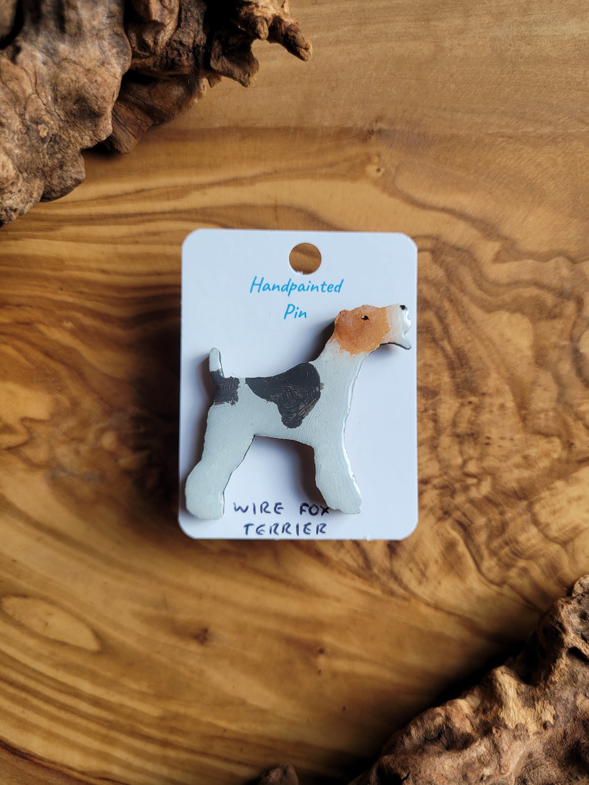 Hand-painted wooden tricolour patches wire fox terrier dog pin badge