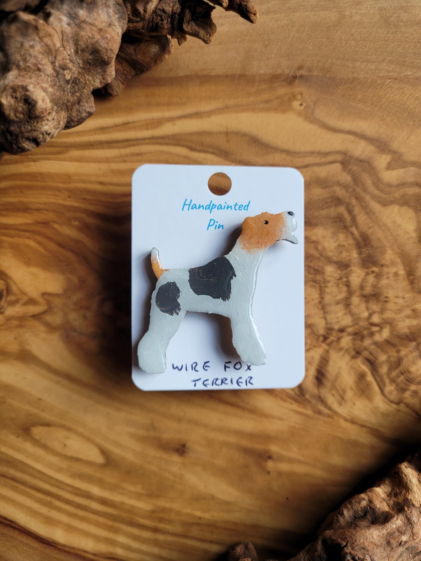 Hand-painted wooden tricolour patches wire fox terrier dog pin badge