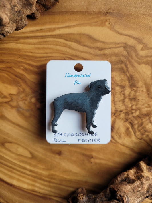 Hand-painted staffordshire bull terrier dog pin badge, painted onto wood.  Blue Colour